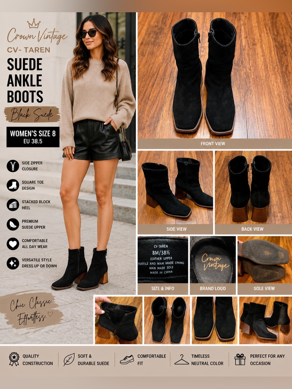 Crown Vintage CV-Taren Black Suede Block Heel Ankle Boots – Women’s Size 8